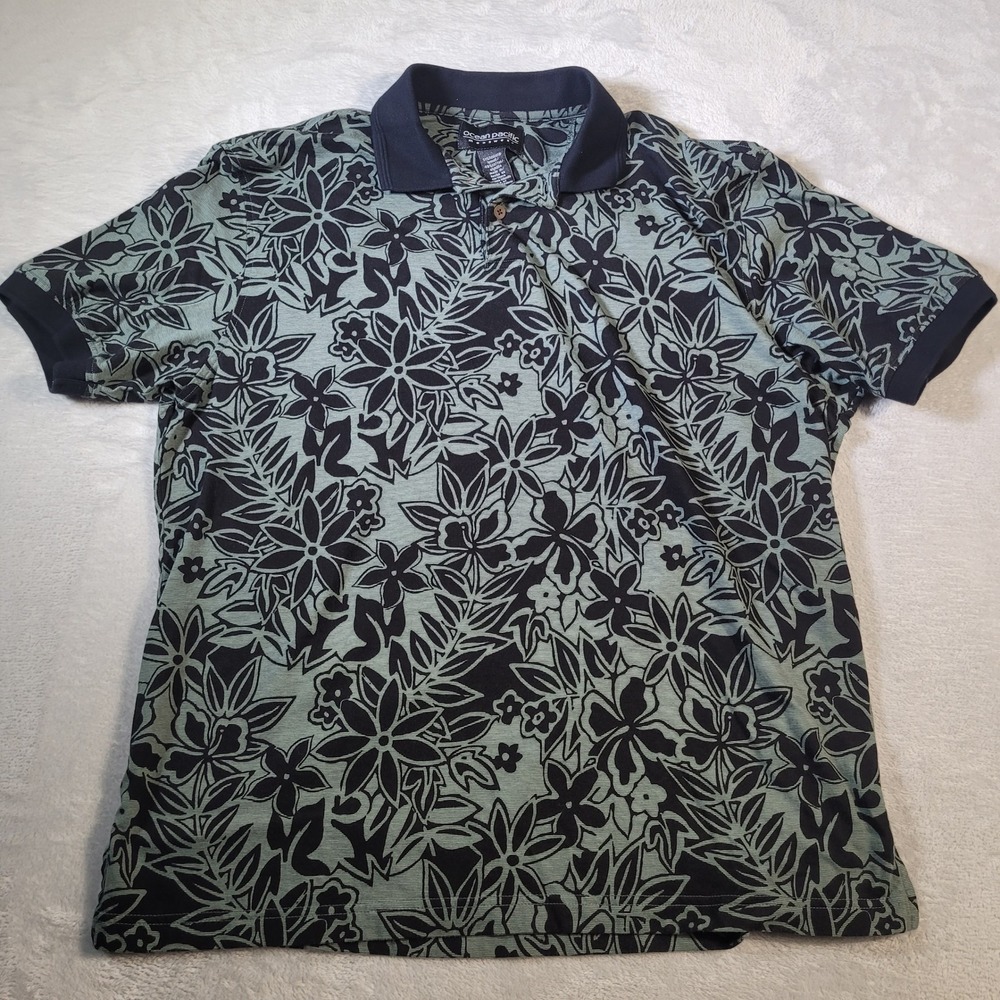 Ocean Pacific Shirt Mens Large Green Floral Hibiscus Polo Tencel Cotton Blend